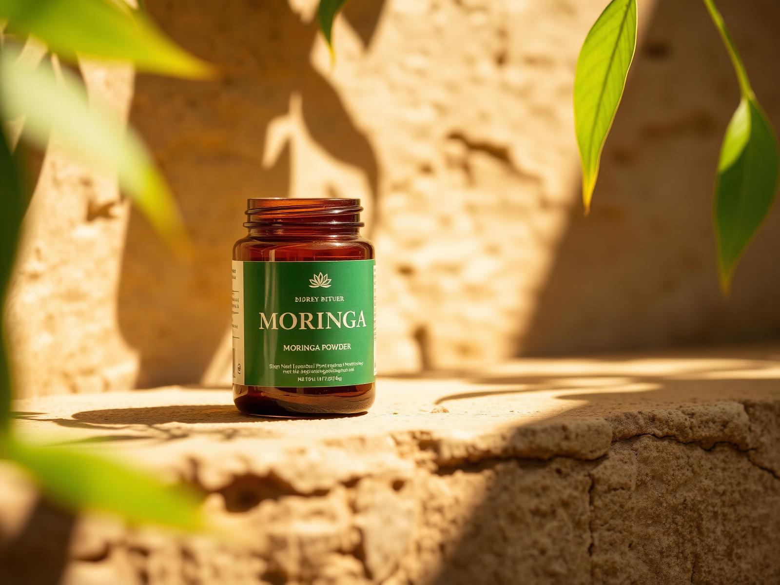 MoriVeda amber jar of moringa powder on a sunlit stone surface